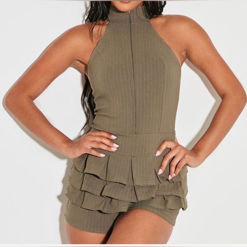 PLT High neck ruffled skort romper Olive green pinstripe Size 10 NWT